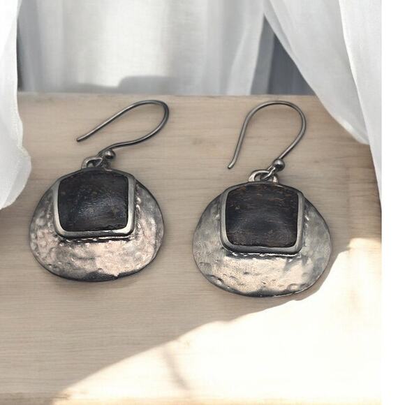 Silpada Signed Sterling Sliver Hammered Bronzite Dangle Wire Earrings - Picture 1 of 5